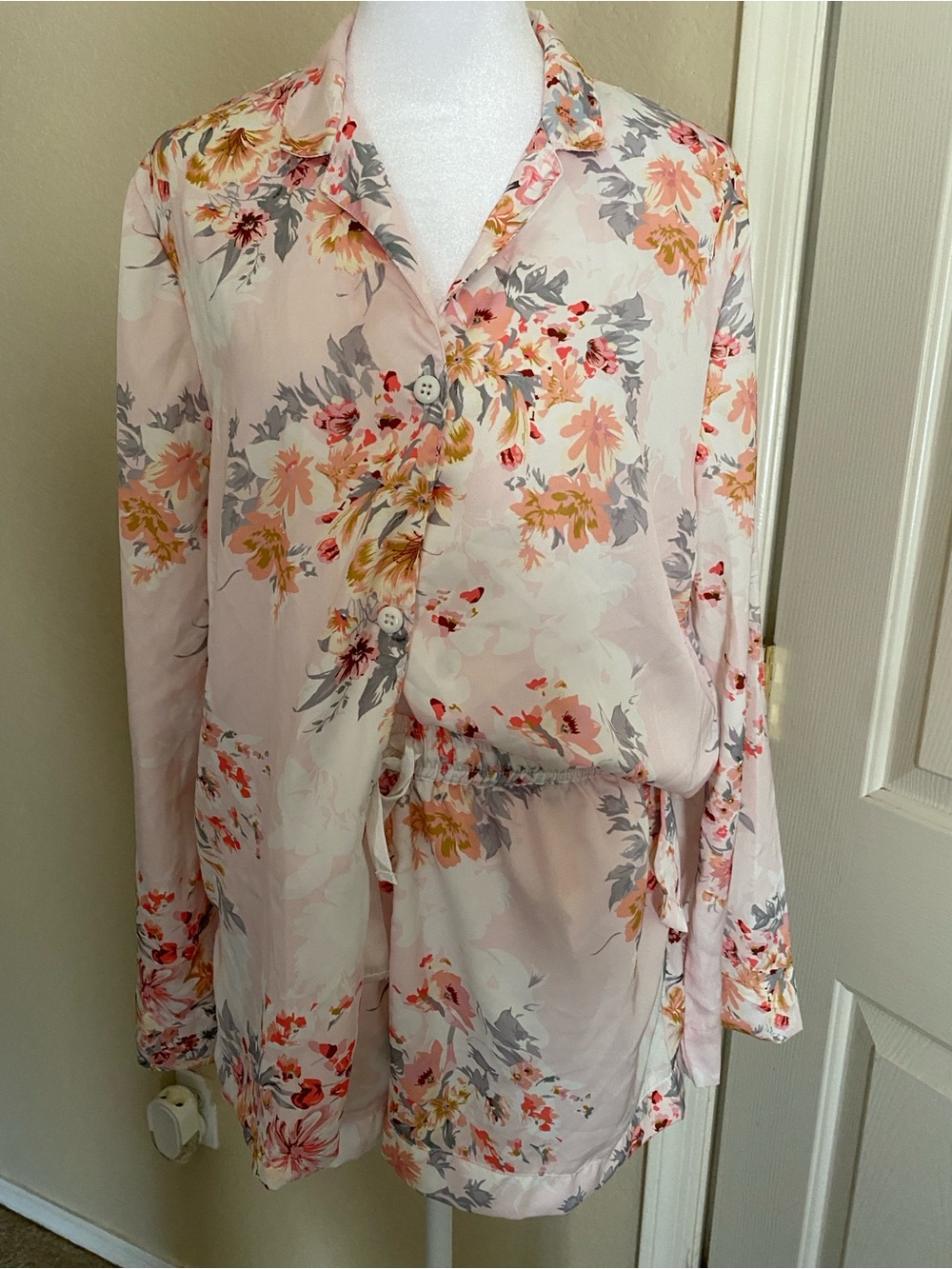 Macy's Pale Pink Floral Satin Pajama Set
